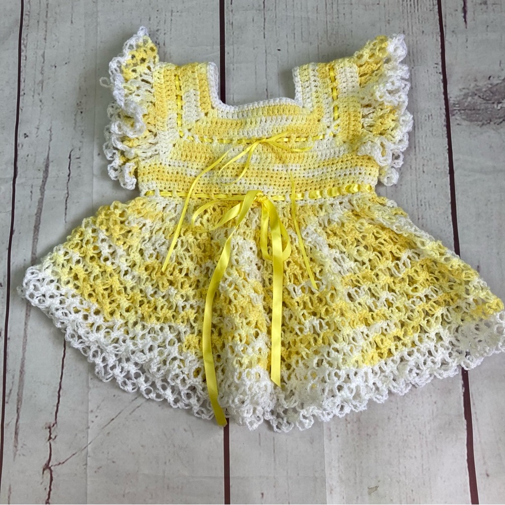 Vintage Handmade White Yellow Crochet Yarn Baby Open Knit Dress 6 Months Ribbon